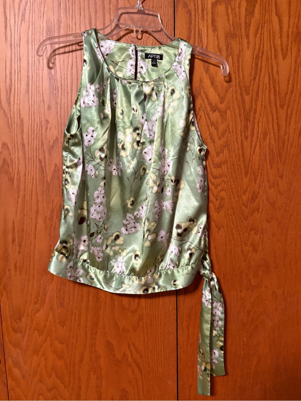 Apt 9 Green Floral Satin Sleeveless Blouse Side Tie Tank Top Petite Small PS